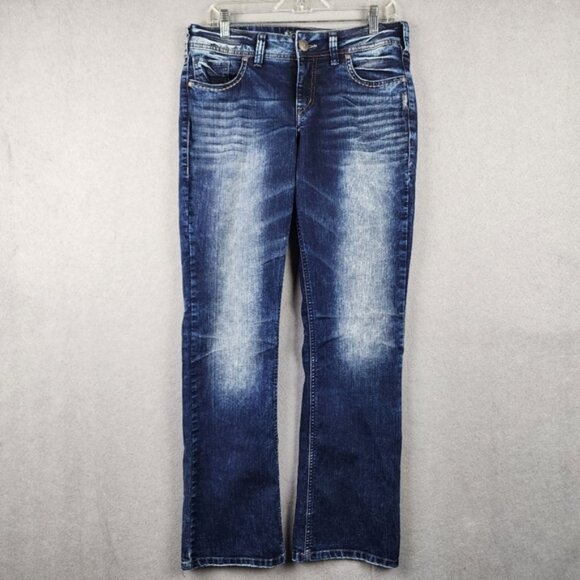 Silver Suki Mid Slim Boot Super Stretch Womens Jeans Faded Embroidered - Picture 1 of 14